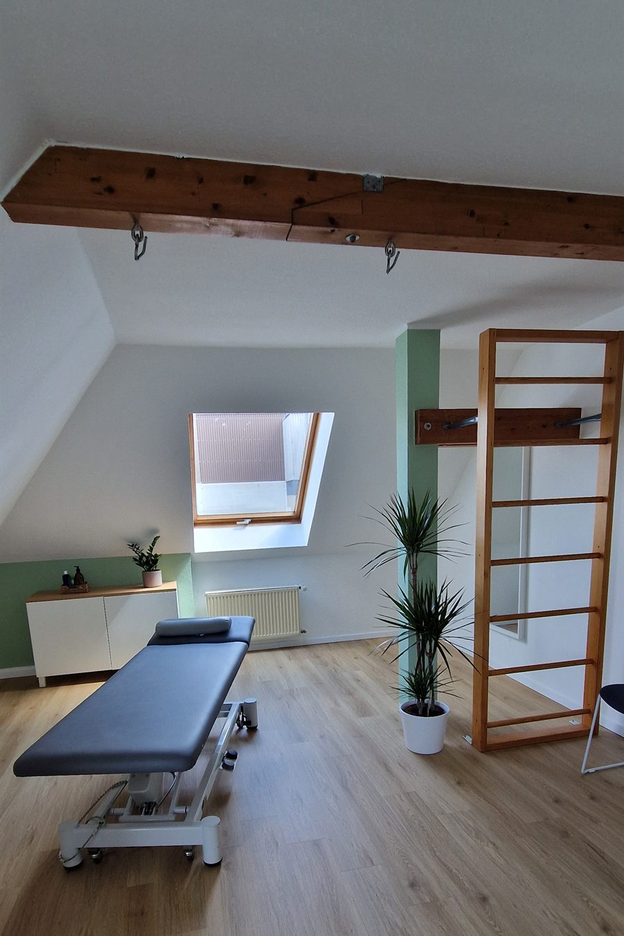 Behandlungsraum mit dunkelgrauer Liege, Sprossenwand aus Holz, Dachfenster und einer Grünpflanze.